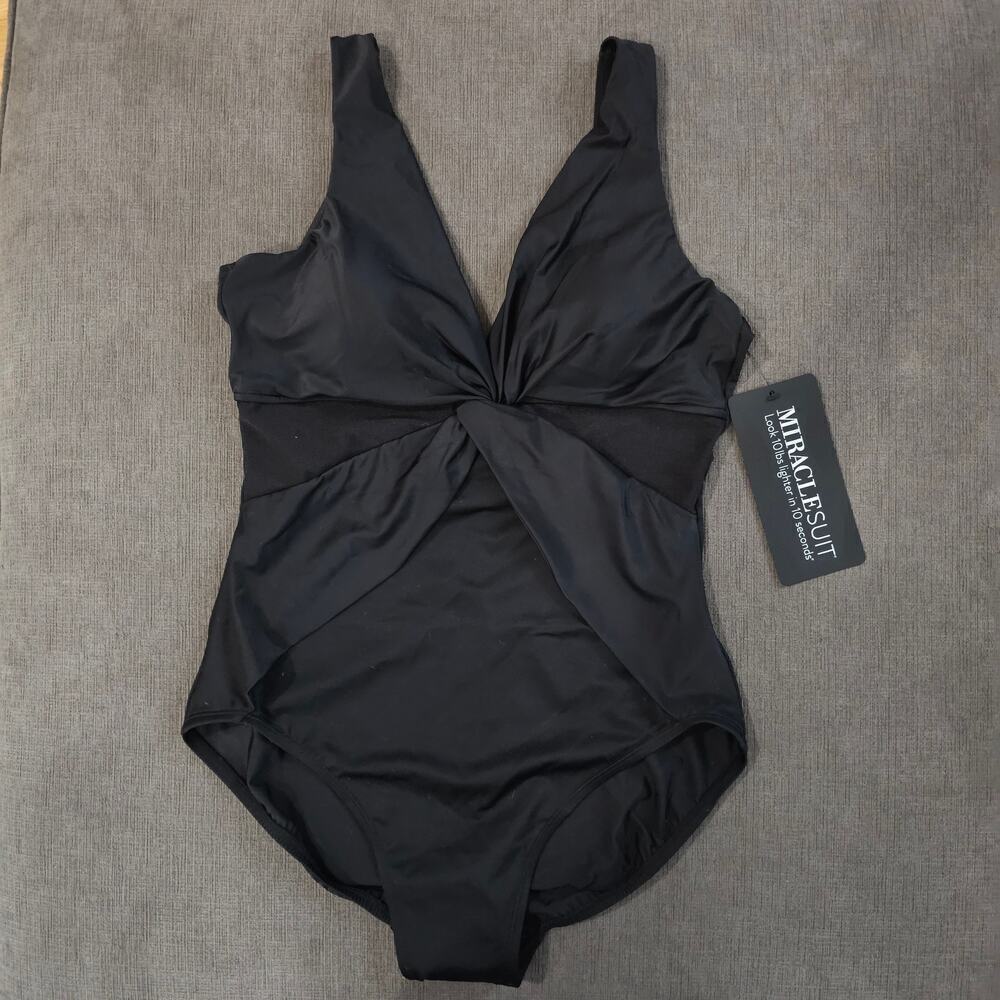 Miraclesuit Women's Black Twist Front Tummy Control One Piece Swimsuit Size 14